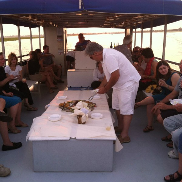 Group eating on the boat